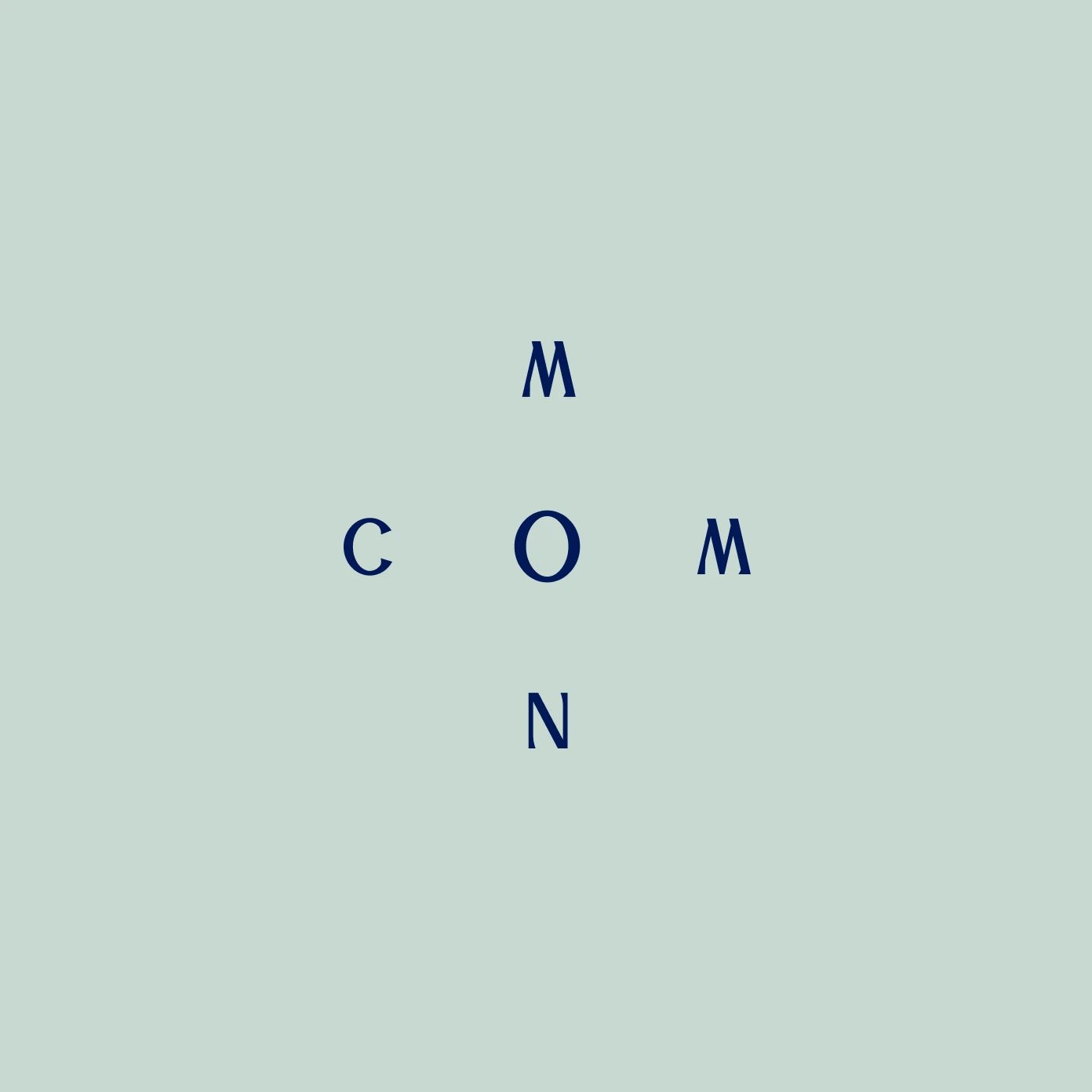 Common Table — C O M N 십자 모노그램. 네 글자가 식탁 둘레에 앉은 모양