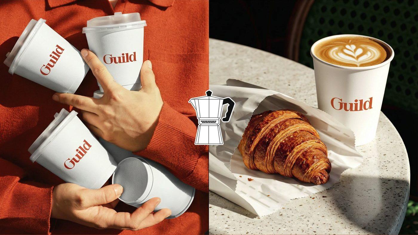 Guild Coffee — 테이크아웃 컵. 흰 바탕에 주황 로고 한 색