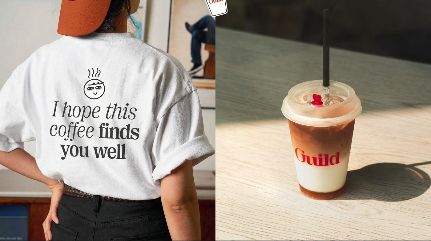 Guild Coffee — 직원 티셔츠 'I hope this coffee finds you well' 과 아이스 음료
