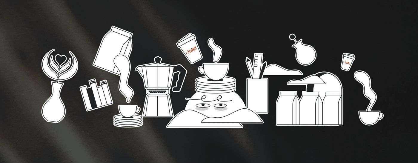 Guild Coffee — 같은 굵기 선으로 그린 아이콘 묶음. 모카포트, 원두봉투, 드리퍼, 캐릭터